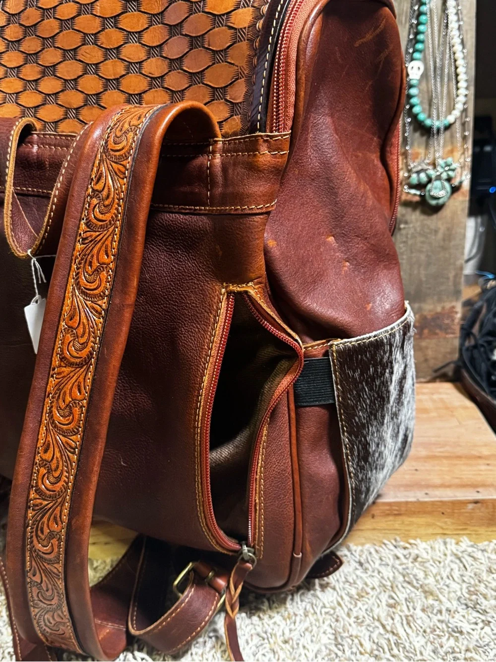 Genuine Handtooled Leather Cowhide New backpack Duck cards Western bag